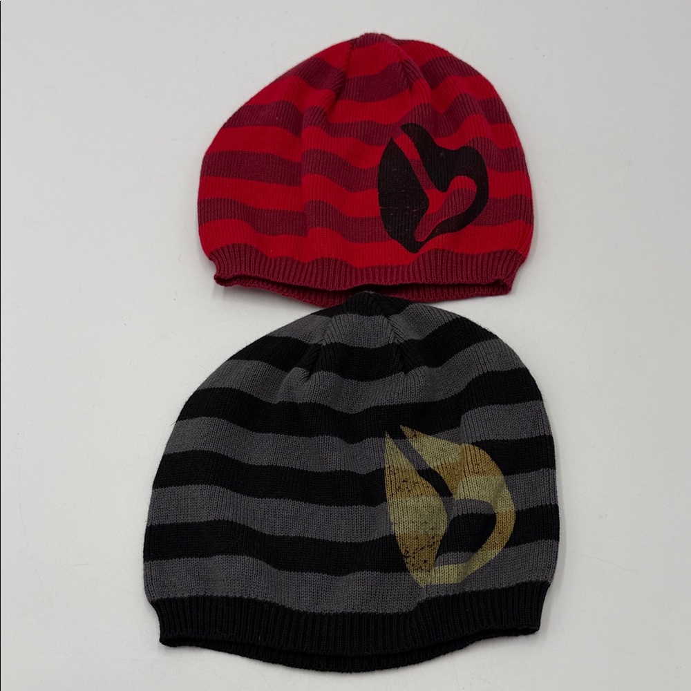 2 Striped Red and Black Beanies with Logo